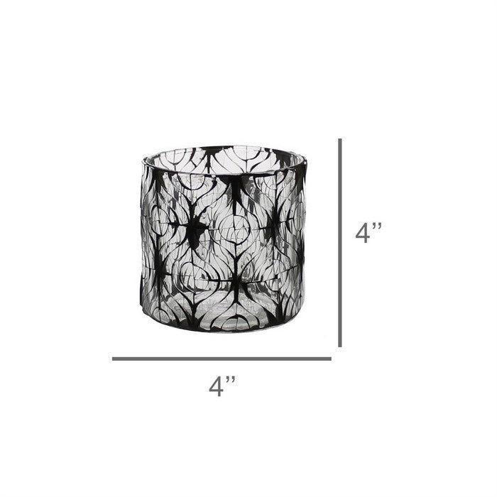 Hand Cut Glass Hurricane with Ikat Pattern, Medium, Black and Clear
