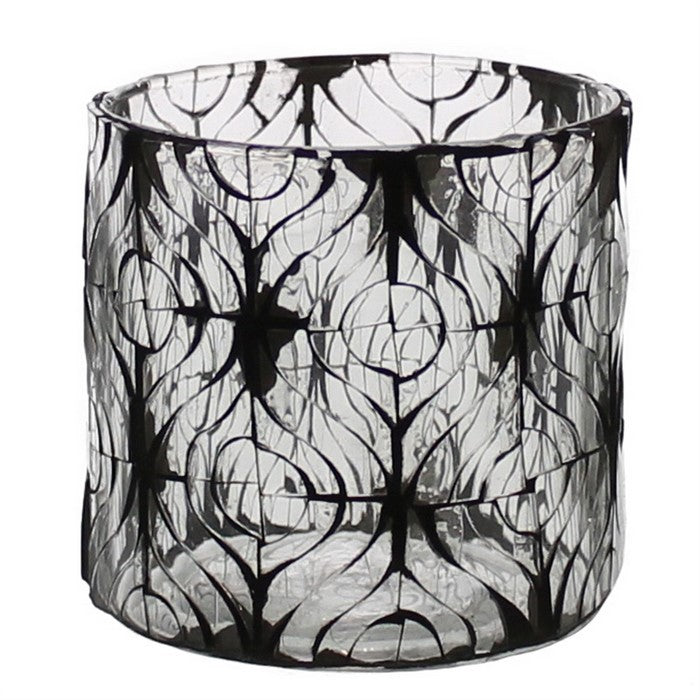 Hand Cut Glass Hurricane with Ikat Pattern, Medium, Black and Clear