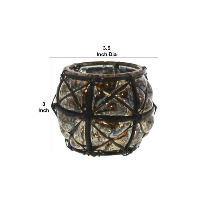 Bellied Glass Hurricane with X Design Metal Frame, Small, Silver and Black