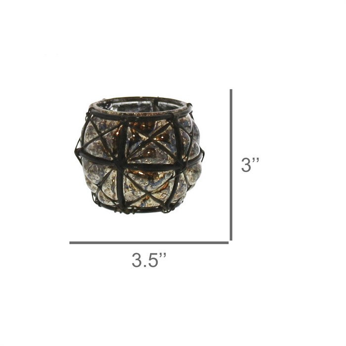 Bellied Glass Hurricane with X Design Metal Frame, Small, Silver and Black