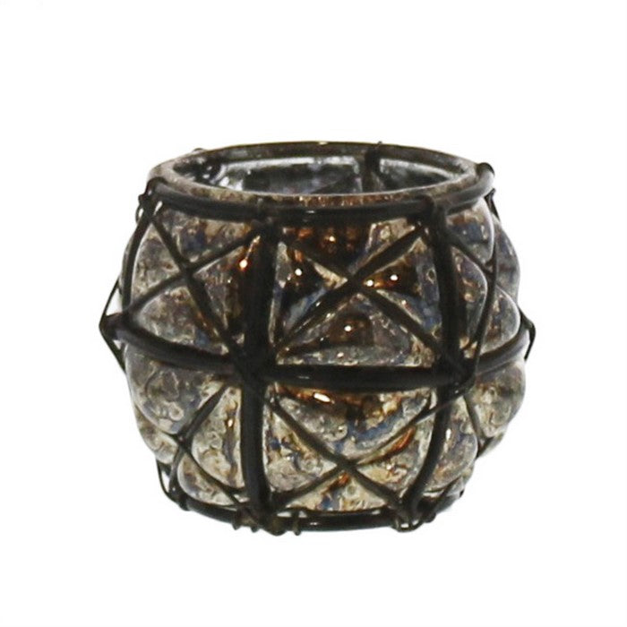 Bellied Glass Hurricane with X Design Metal Frame, Small, Silver and Black