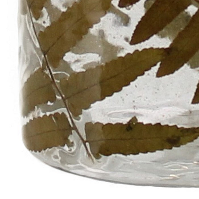 Cylindrical Fern Frond Enameled Glass Hurricane, Medium, Clear and Brown