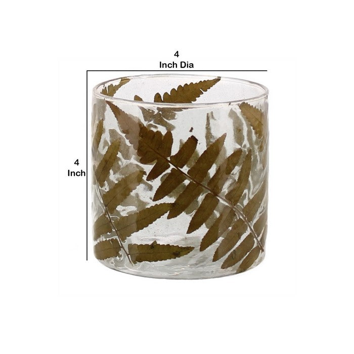 Cylindrical Fern Frond Enameled Glass Hurricane, Medium, Clear and Brown