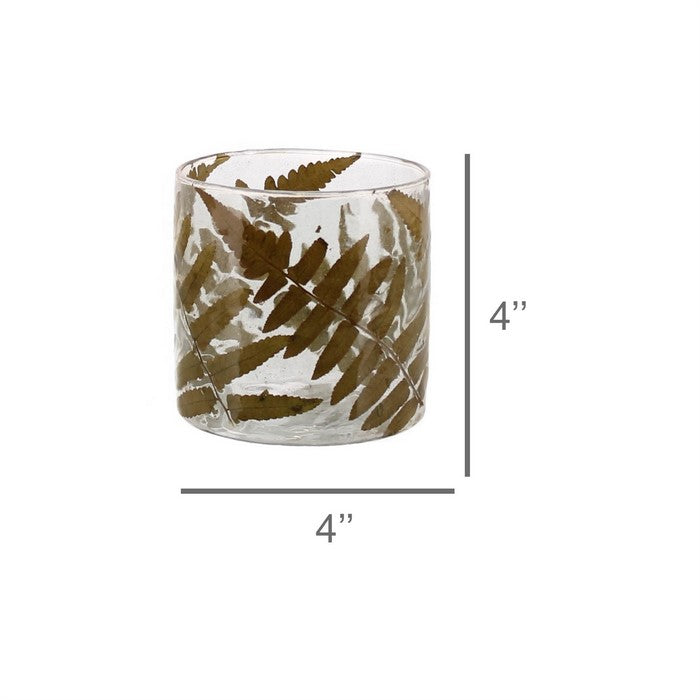 Cylindrical Fern Frond Enameled Glass Hurricane, Medium, Clear and Brown
