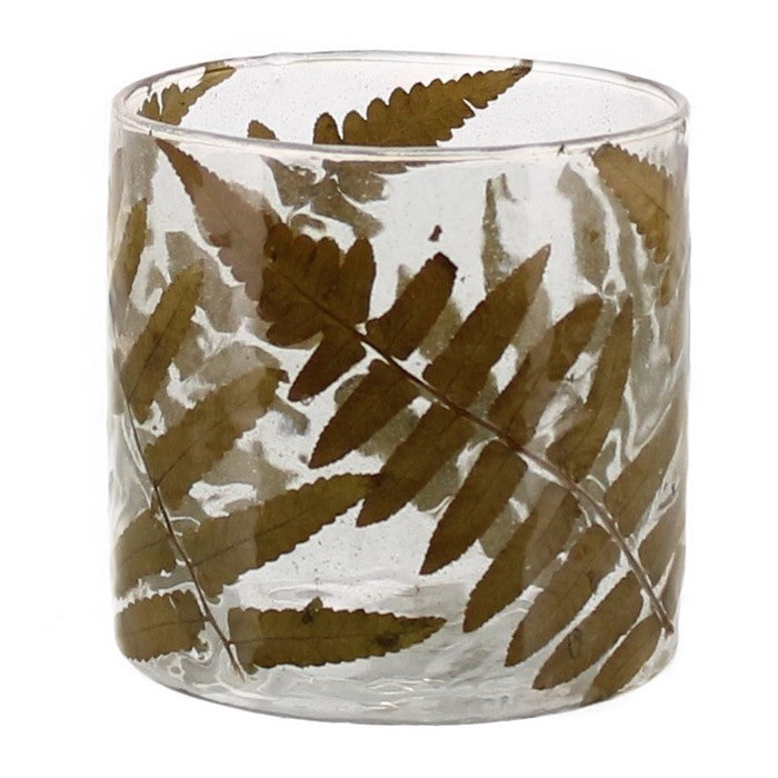 Cylindrical Fern Frond Enameled Glass Hurricane, Medium, Clear and Brown