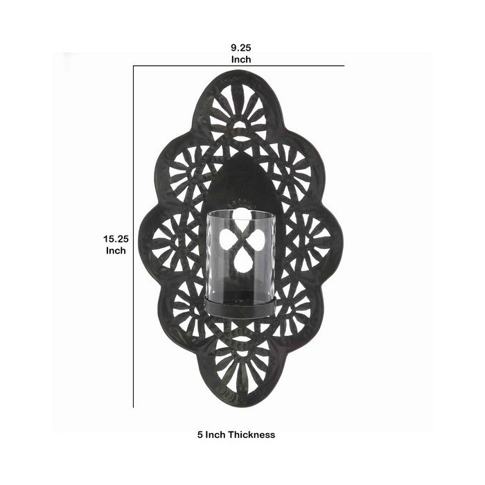 Quatrefoil Shape Metal Wall Sconce with Glass Hurricane, Small, Black