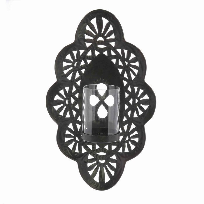 Quatrefoil Shape Metal Wall Sconce with Glass Hurricane, Small, Black