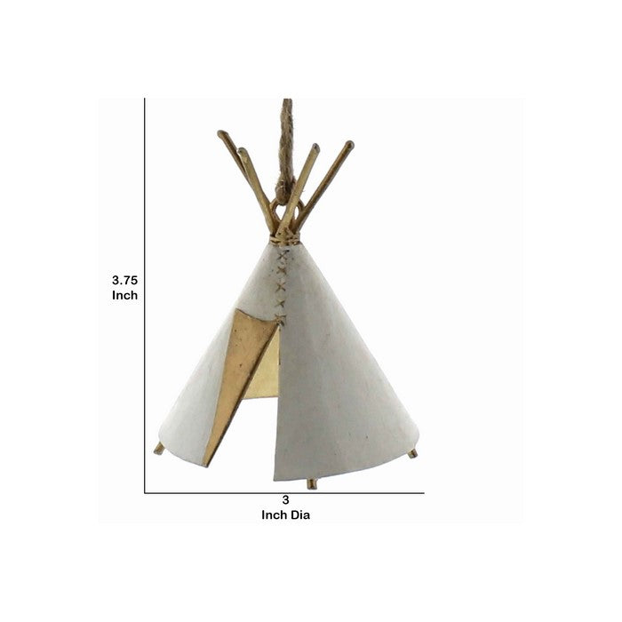 Decorative Teepee Shape Metal Miniature with Rope, White and Brown