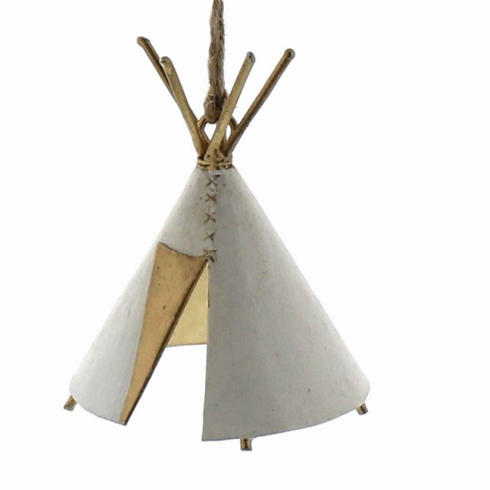 Decorative Teepee Shape Metal Miniature with Rope, White and Brown