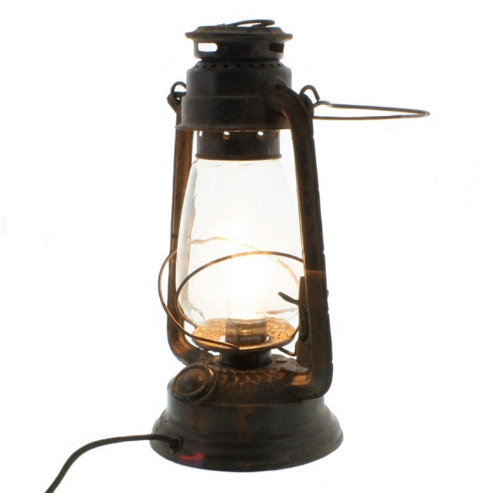 Electric Metal and Glass Hurricane Plug In Camp Lantern, Rustic Black