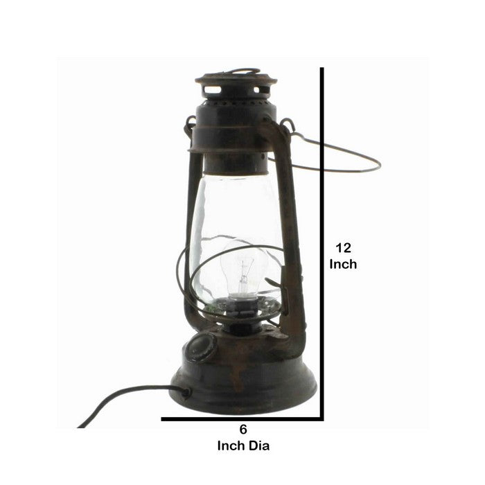 Electric Metal and Glass Hurricane Plug In Camp Lantern, Rustic Black
