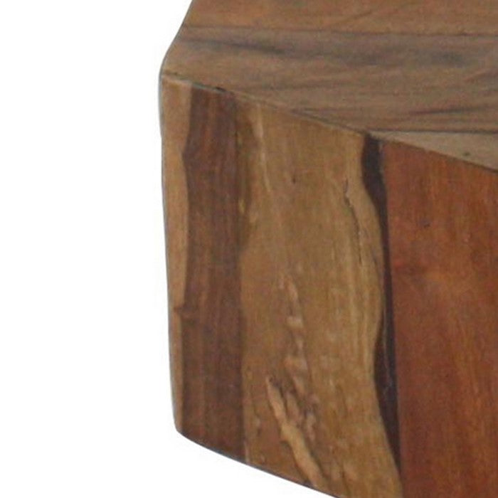 Hexagonal Wooden Block Table with Grain Details and Texture, Small, Brown