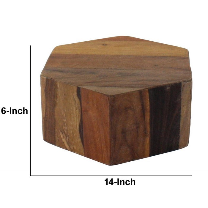 Hexagonal Wooden Block Table with Grain Details and Texture, Small, Brown