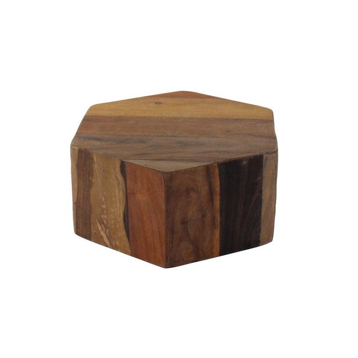 Hexagonal Wooden Block Table with Grain Details and Texture, Small, Brown