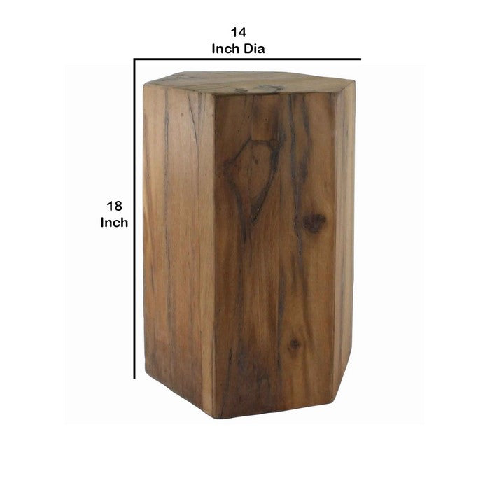 Hexagonal Wooden Block Table with Grain Details and Texture, Large, Brown