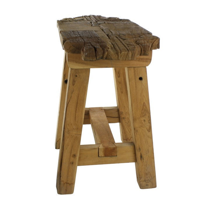 Classic Wooden Stool with Carved Top and Angular Block Legs, Brown