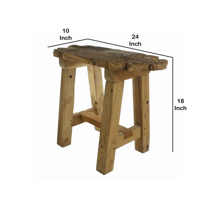 Classic Wooden Stool with Carved Top and Angular Block Legs, Brown