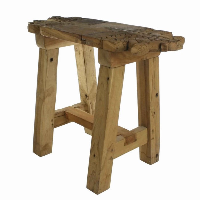 Classic Wooden Stool with Carved Top and Angular Block Legs, Brown