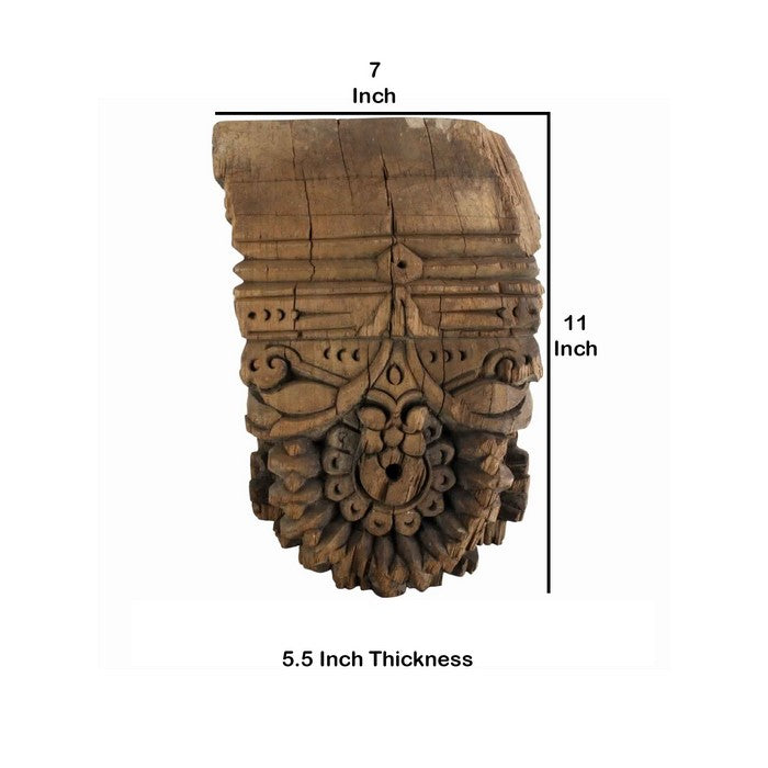 Wooden Wall Sconce with Intricate Carvings and Textured Details, Brown