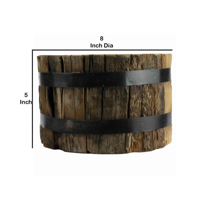 8 x 5 Inches Round Wood Bundle with Metal Encasing, Brown and Gray