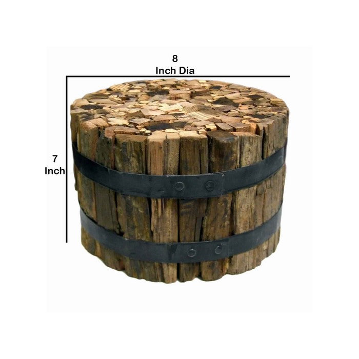 8 x 7 Inches Round Wood Bundle with Metal Encasing, Brown and Gray