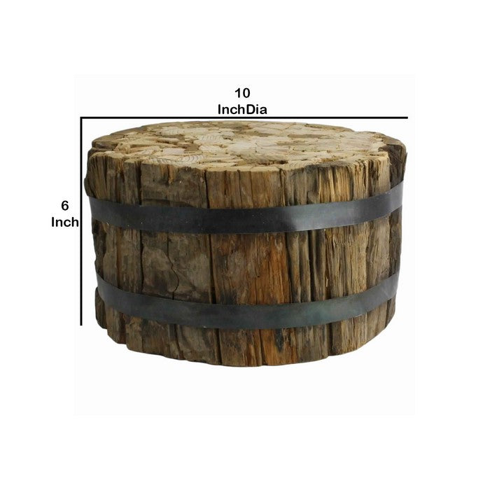 10 x 6 Inches Round Wood Bundle with Metal Encasing, Brown and Gray