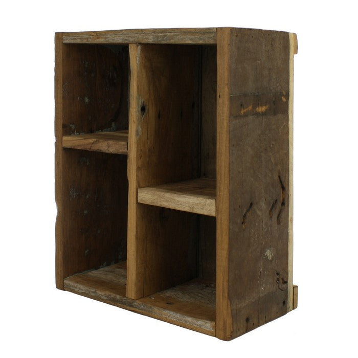 Rectangular Wooden Crate with 4 Open Compartments, Natural Brown