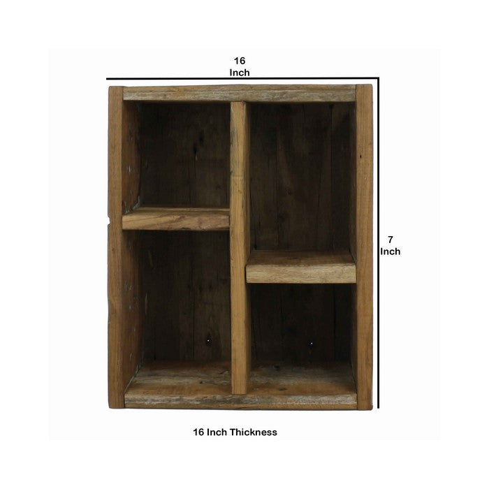 Rectangular Wooden Crate with 4 Open Compartments, Natural Brown