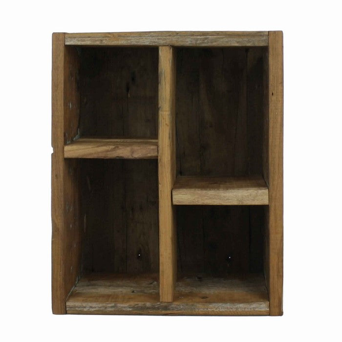 Rectangular Wooden Crate with 4 Open Compartments, Natural Brown