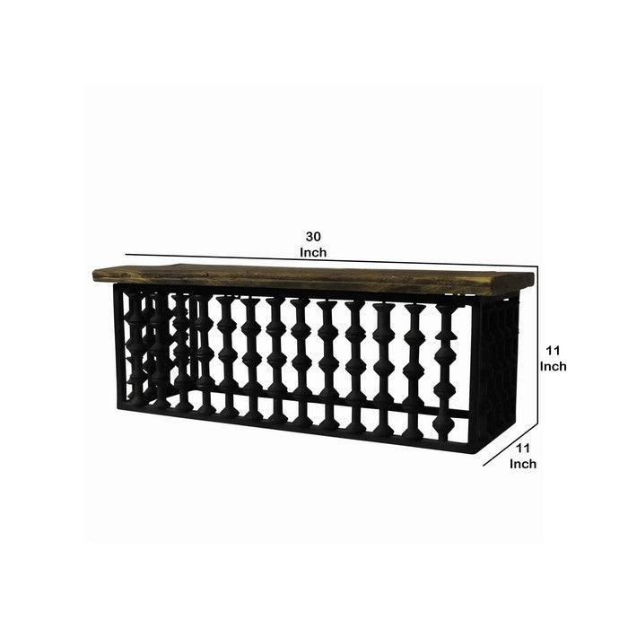Reclaimed Wood Top Wall Shelf with Spool Design, Brown and Black
