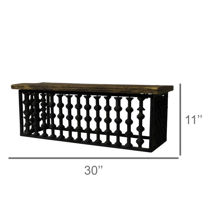Reclaimed Wood Top Wall Shelf with Spool Design, Brown and Black
