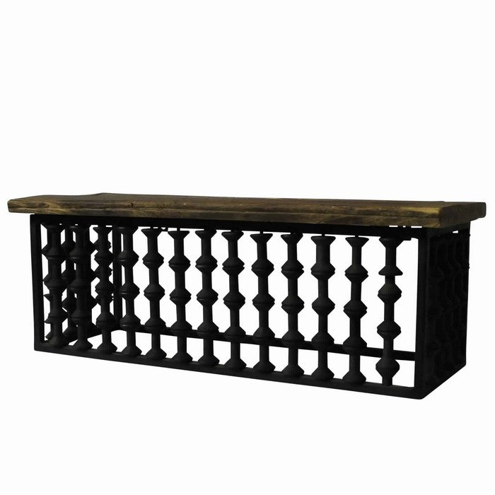 Reclaimed Wood Top Wall Shelf with Spool Design, Brown and Black