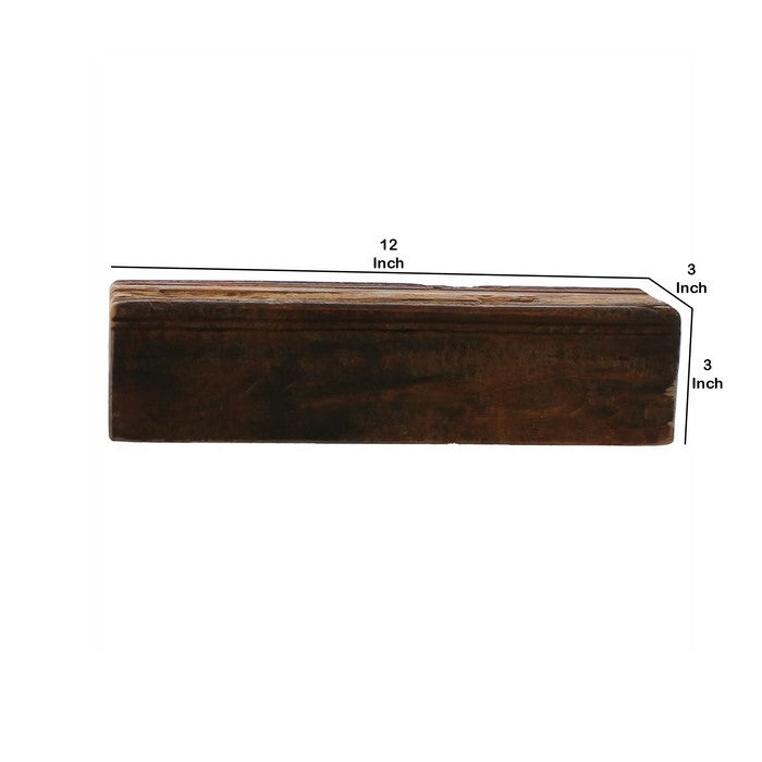 Reclaimed Wood Block Design Wall Shelf with Rough Hewn Saw Texture, Brown