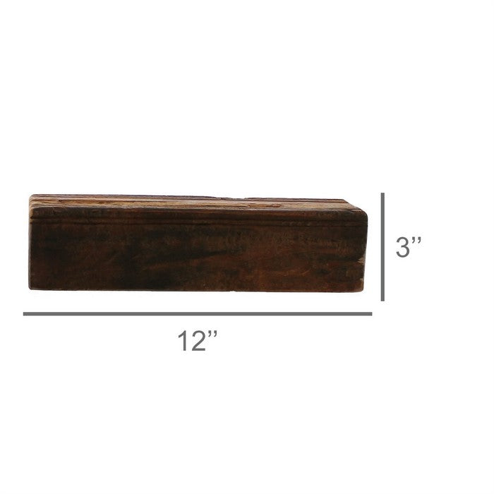 Reclaimed Wood Block Design Wall Shelf with Rough Hewn Saw Texture, Brown