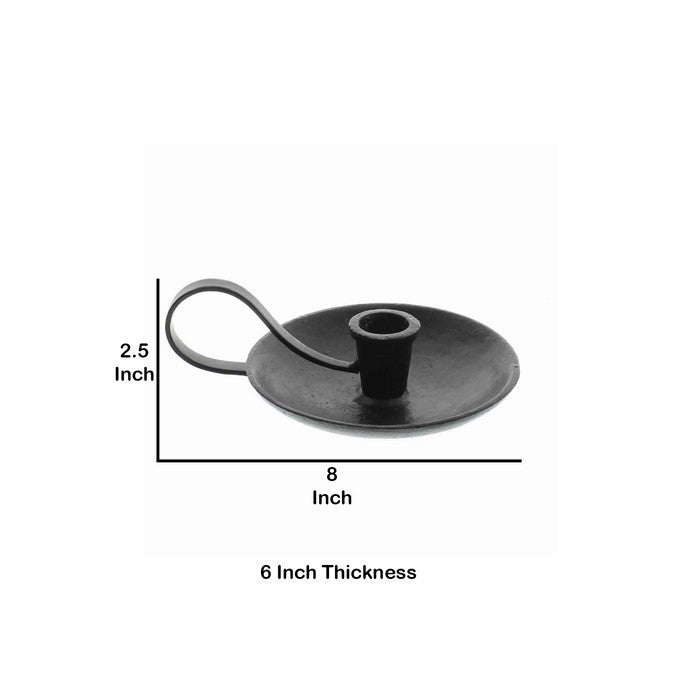 Saucer Shaped Metal Frame Taper Candle Holder with Handle, Antique Black