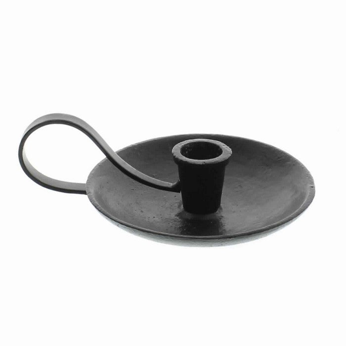 Saucer Shaped Metal Frame Taper Candle Holder with Handle, Antique Black