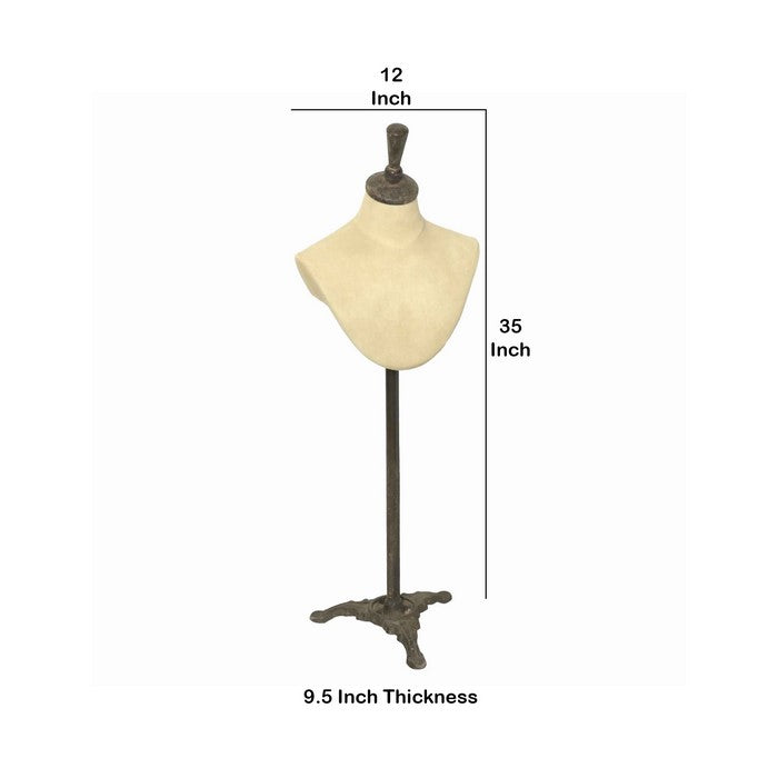 Bust with Metal Stand and Adjustable Height, Beige and Brown