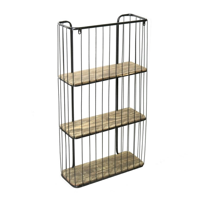 Caged Metal Frame Wall Shelf with Wooden Panels, Black and Brown
