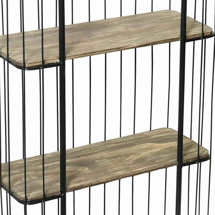 Caged Metal Frame Wall Shelf with Wooden Panels, Black and Brown