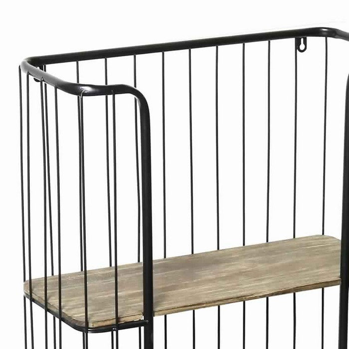 Caged Metal Frame Wall Shelf with Wooden Panels, Black and Brown