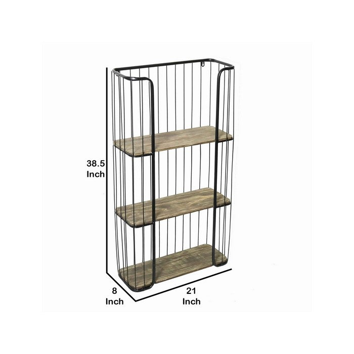 Caged Metal Frame Wall Shelf with Wooden Panels, Black and Brown