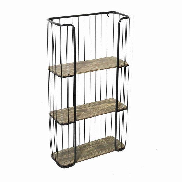Caged Metal Frame Wall Shelf with Wooden Panels, Black and Brown