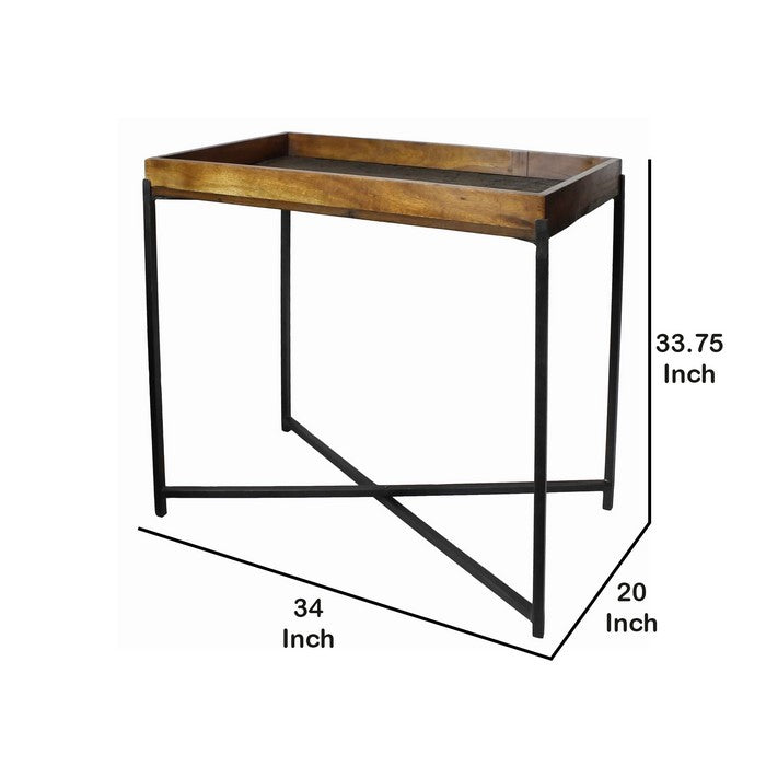 Wooden Tray Table with Tubular Frame and X Shaped Base, Brown and Black