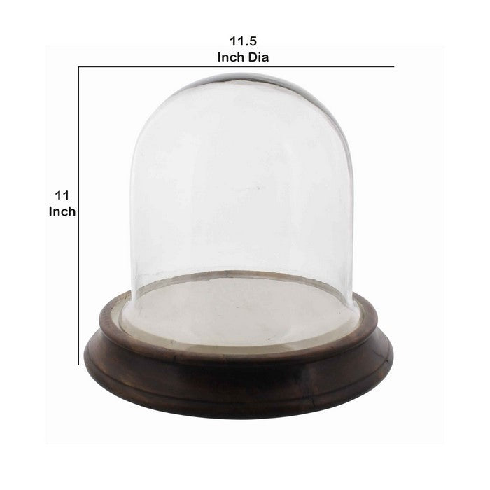 Glass Vitrine with Round Wooden Base, Brown and Clear