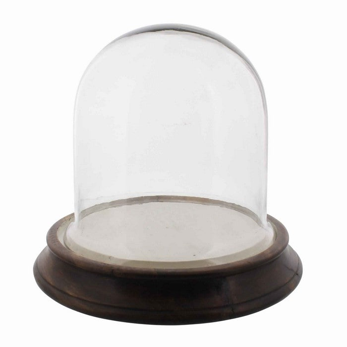 Glass Vitrine with Round Wooden Base, Brown and Clear