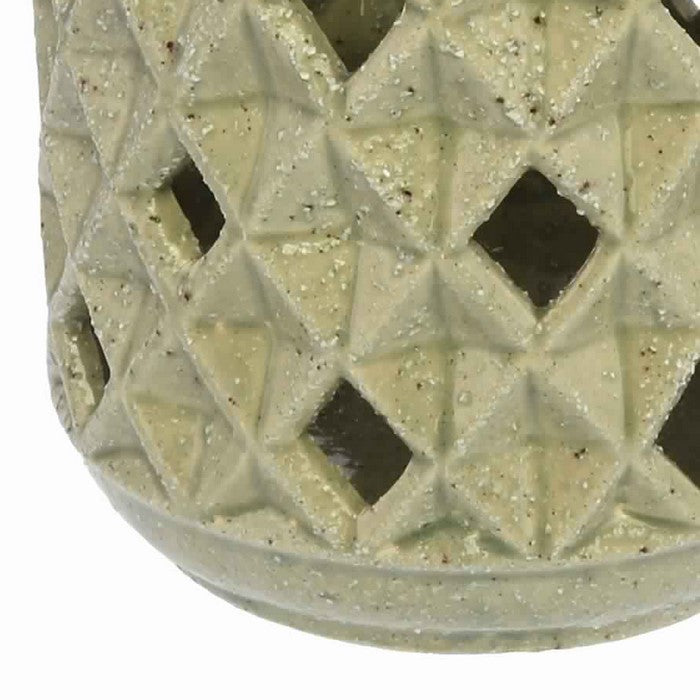 Jar Shape Ceramic Lantern with Geometric Cut Outs and Metal Hanger, Beige