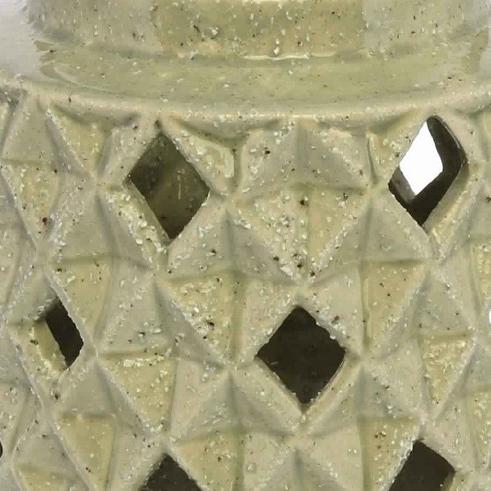 Jar Shape Ceramic Lantern with Geometric Cut Outs and Metal Hanger, Beige