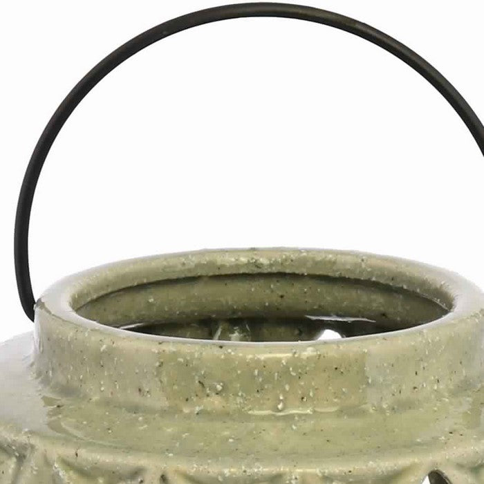 Jar Shape Ceramic Lantern with Geometric Cut Outs and Metal Hanger, Beige