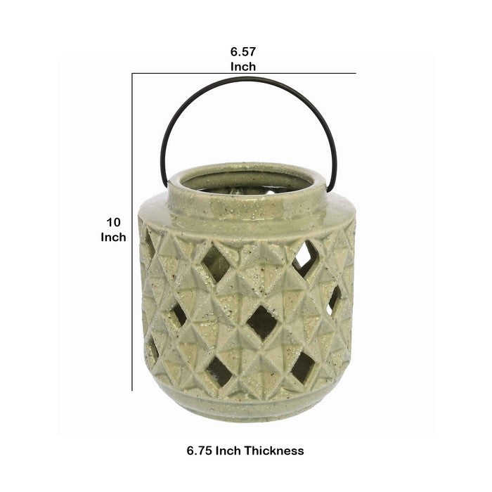 Jar Shape Ceramic Lantern with Geometric Cut Outs and Metal Hanger, Beige