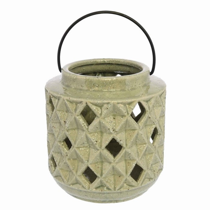 Jar Shape Ceramic Lantern with Geometric Cut Outs and Metal Hanger, Beige